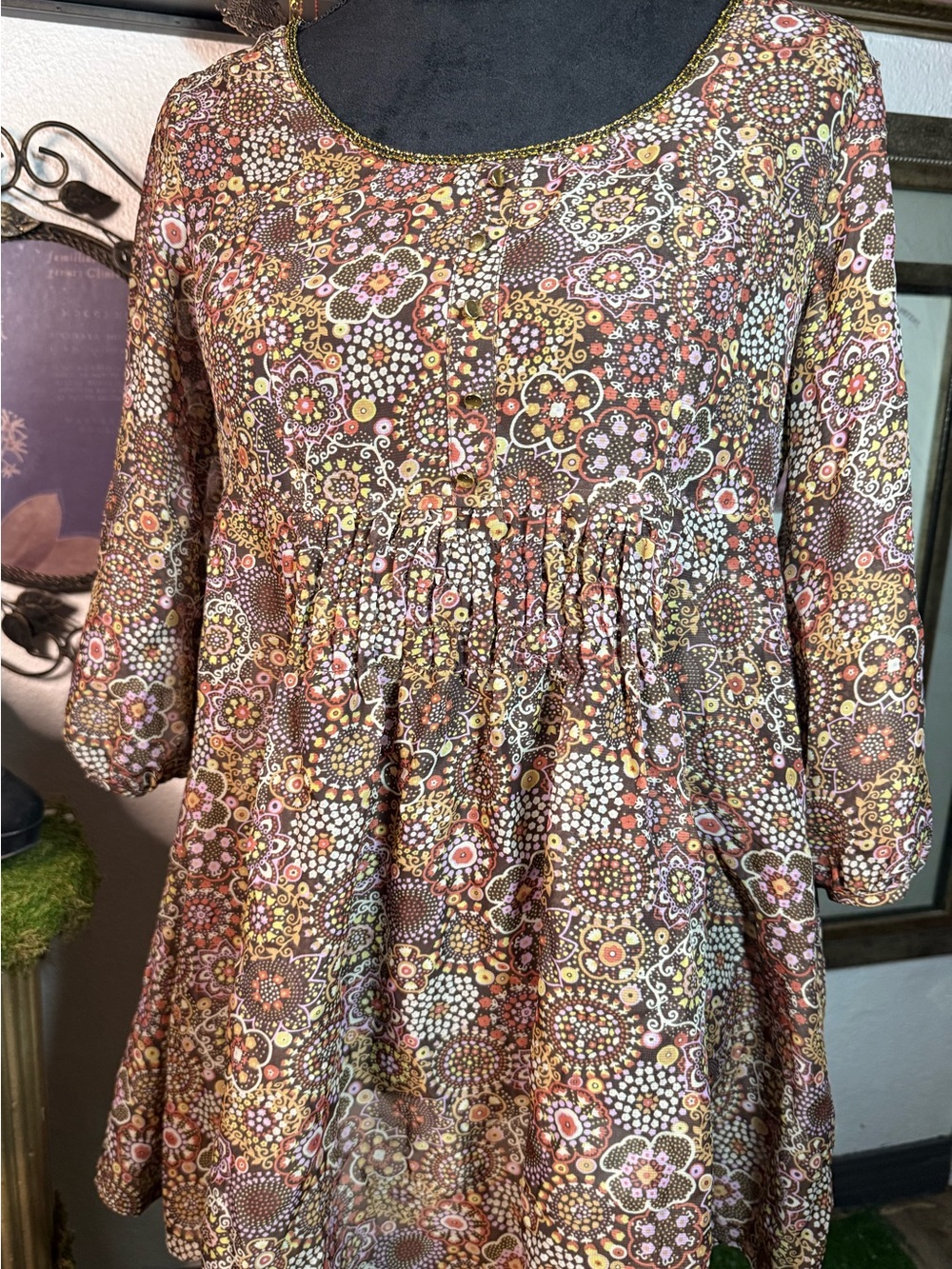 American Rag Cie Boho Floral Smocked Peasant Top S Small Metallic Trim Y2K 70s